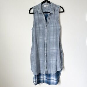 Bella Dahl Striped Plaid Sleeveless Button up Shirt Dress Women Large Blue White